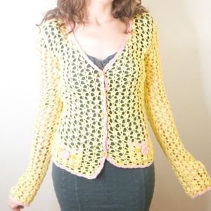vintage Betsey Johnson y2k pastel yellow and pink crochet knit cardigan